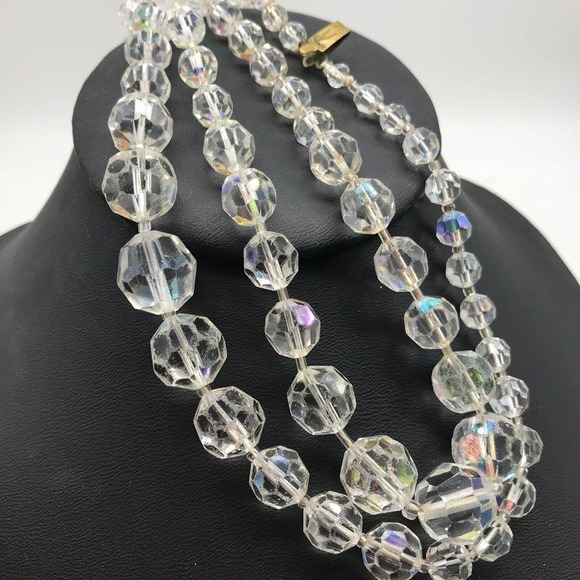 Vintage Clear AB Aurora Borealis Crystal Graduated Double Strand Necklace - Picture 5 of 7